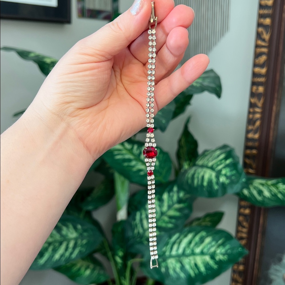 VTG Art Deco Style LIND Silver Plated Ruby Red Clear Rhinestone Tennis Bracelet - Picture 8 of 11